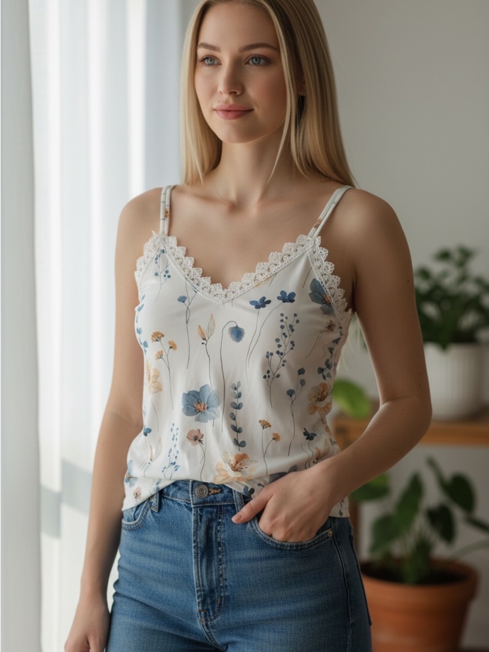 Floral Lace-Trim Camisole Top - White with Blue & Tan Flowers